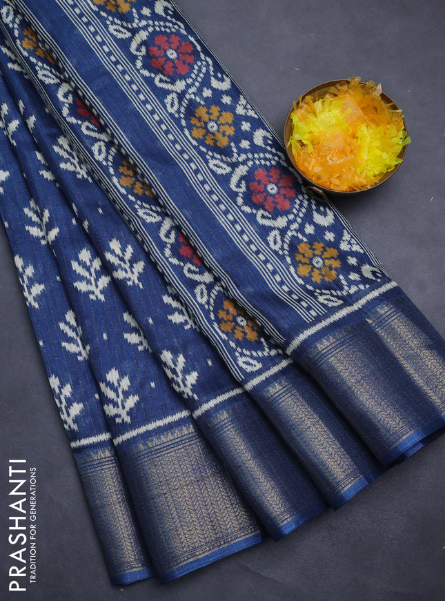 Semi dola saree peacock blue with allover ikat butta prints & zari weaves and zari woven border