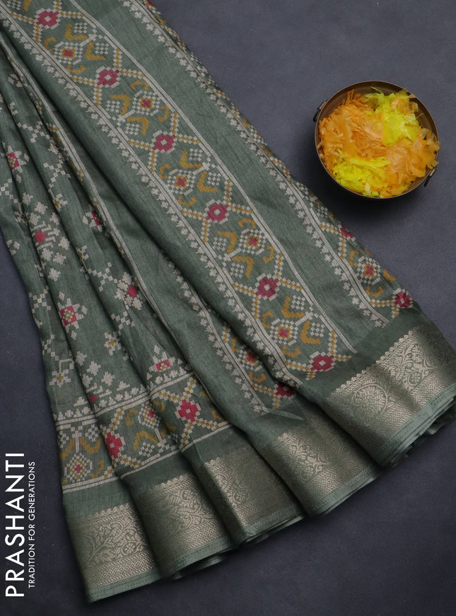 Semi dola saree greyish green with allover ikat prints and zari woven border