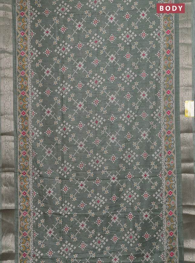 Semi dola saree greyish green with allover ikat prints and zari woven border