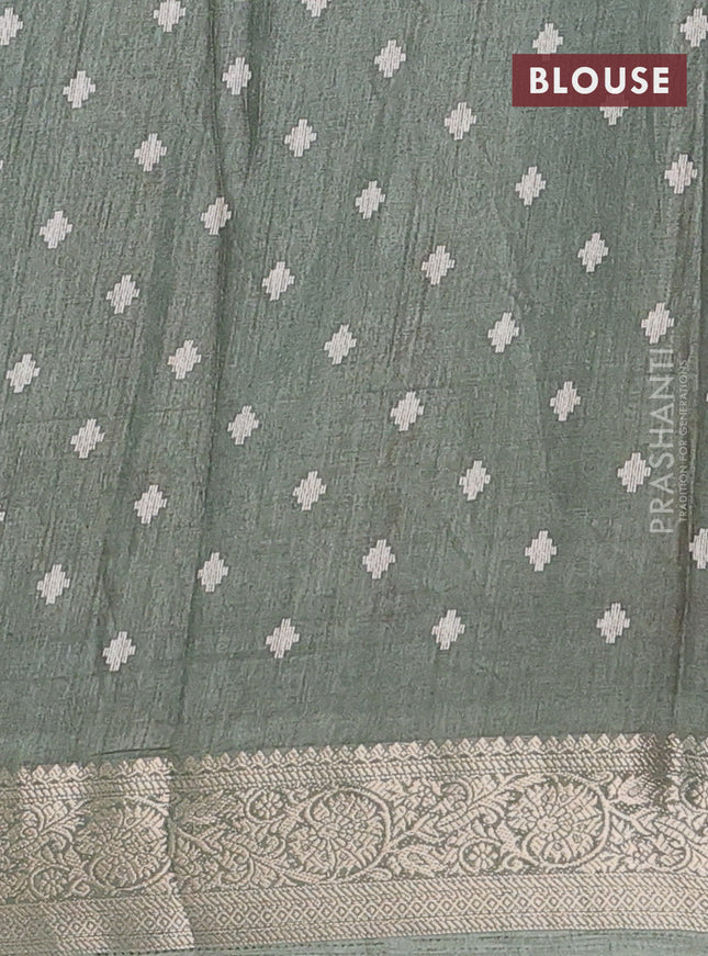 Semi dola saree greyish green with allover ikat prints and zari woven border