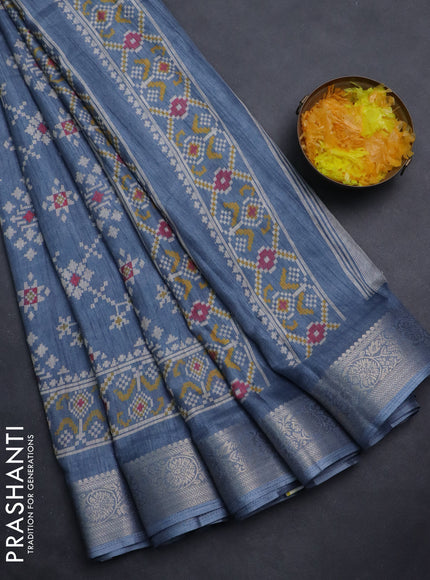 Semi dola saree grey with allover ikat prints and zari woven border