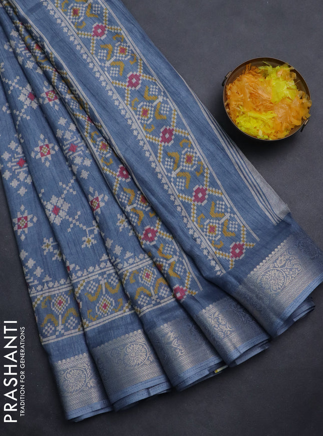 Semi dola saree grey with allover ikat prints and zari woven border