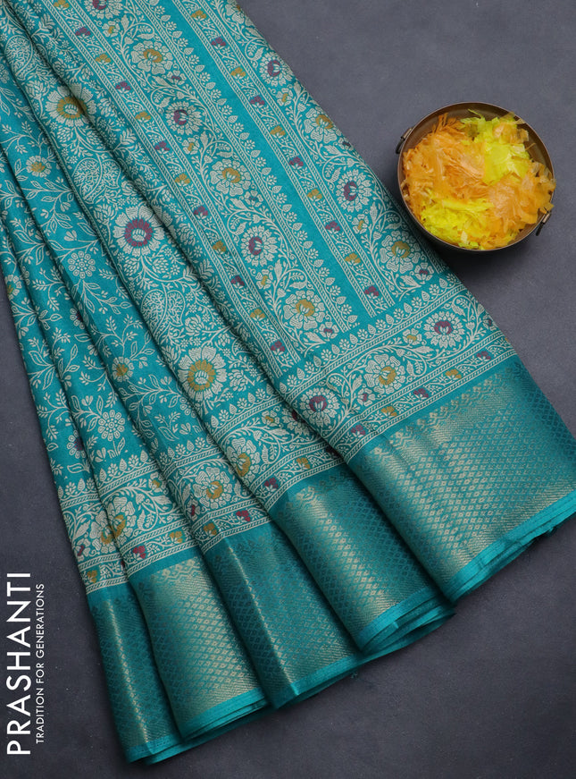 Semi dola saree teal green with allover prints and zari woven border