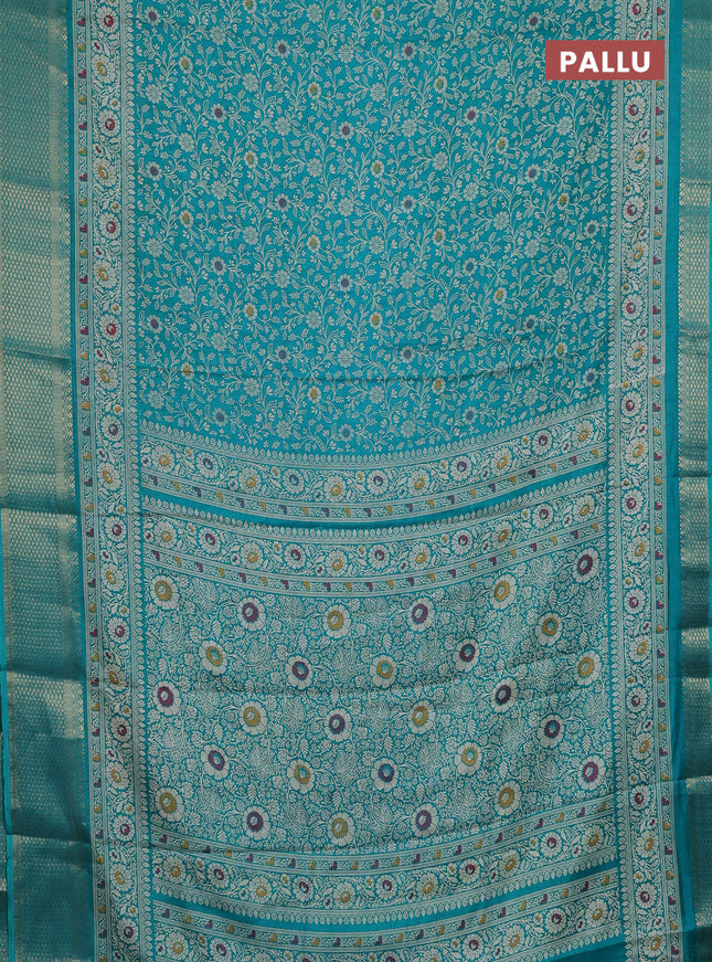 Semi dola saree teal green with allover prints and zari woven border