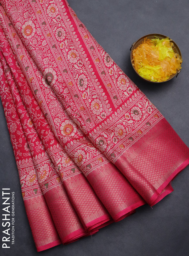 Semi dola saree pink with allover prints and zari woven border