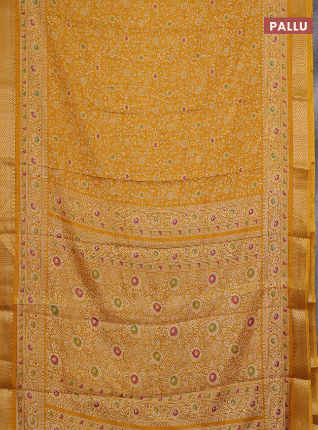 Semi dola saree mustard yellow with allover prints and zari woven border