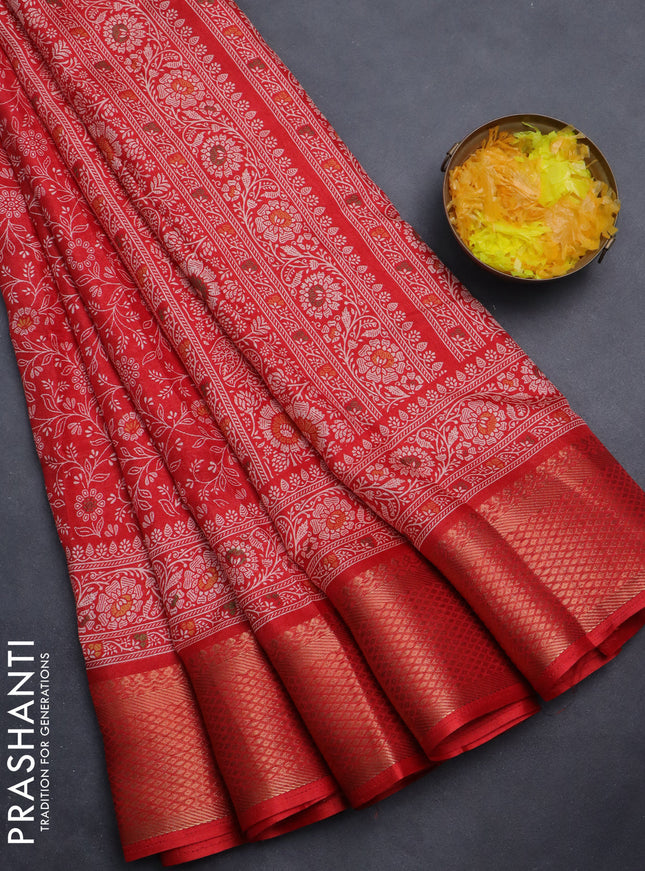 Semi dola saree red with allover prints and zari woven border