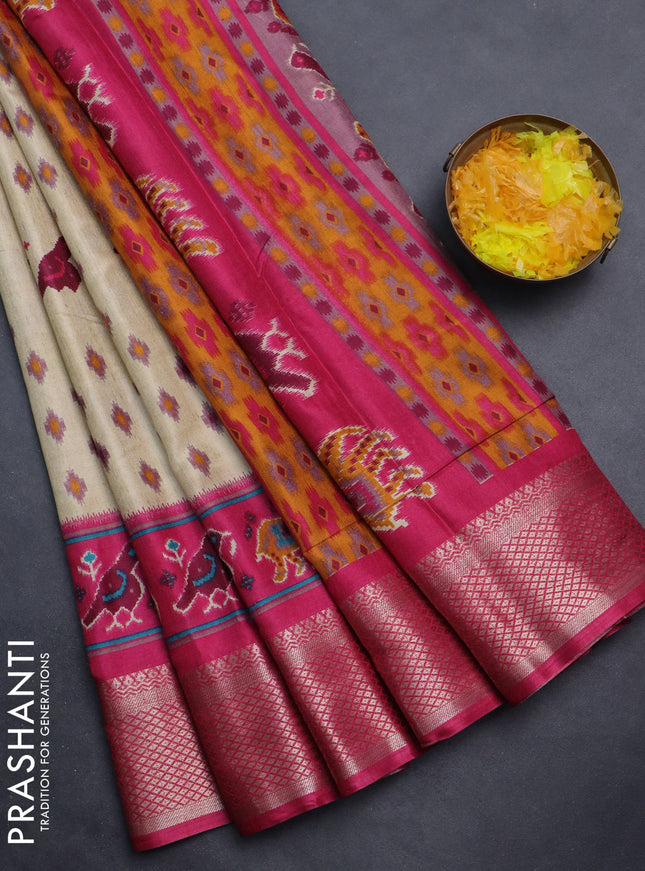 Semi dola saree cream and pink with allover patola prints and zari woven border