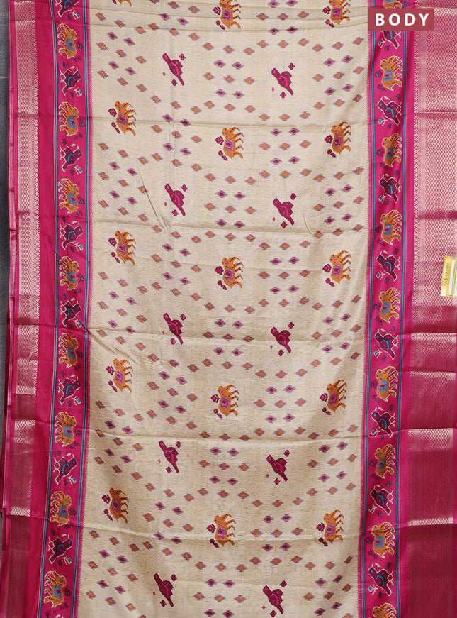 Semi dola saree cream and pink with allover patola prints and zari woven border
