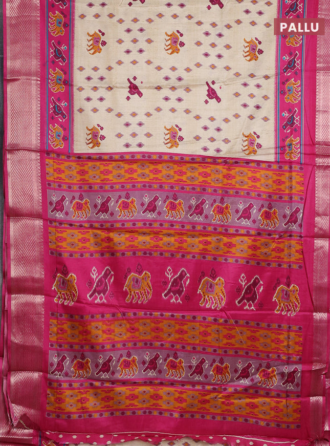 Semi dola saree cream and pink with allover patola prints and zari woven border