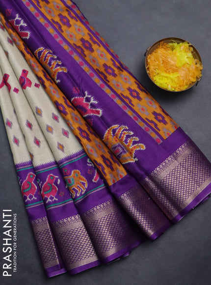 Semi dola saree cream and violet with allover patola prints and zari woven border