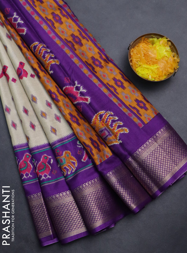 Semi dola saree cream and violet with allover patola prints and zari woven border