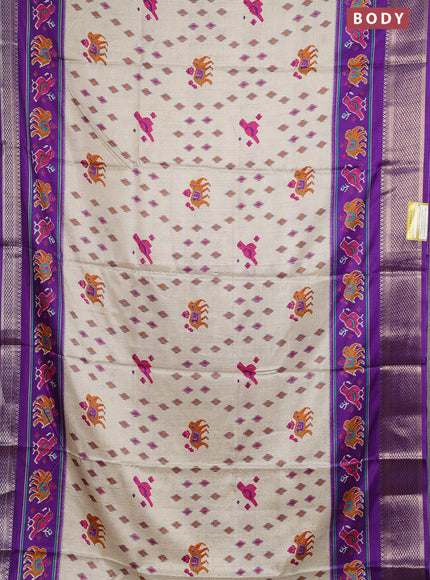 Semi dola saree cream and violet with allover patola prints and zari woven border