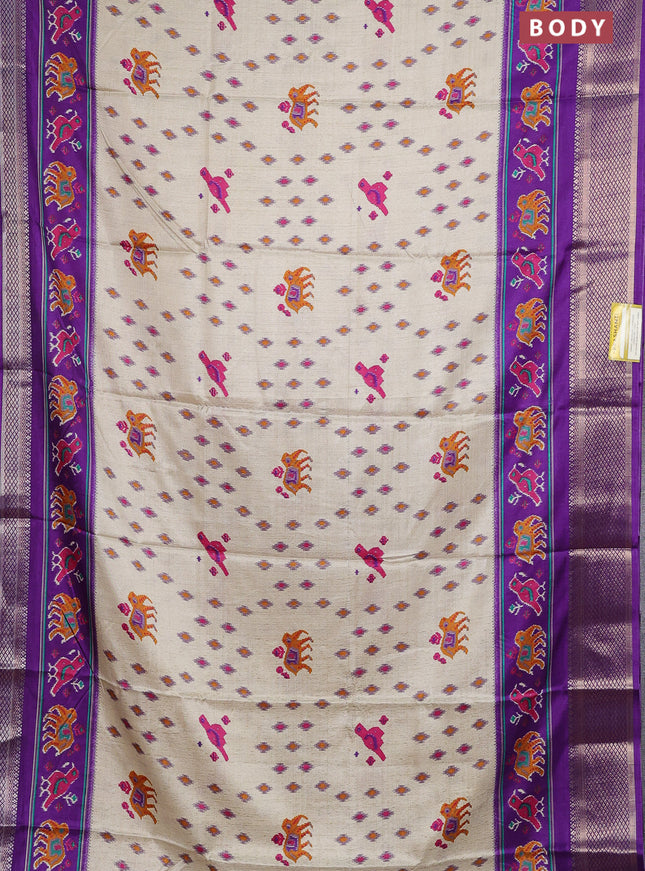 Semi dola saree cream and violet with allover patola prints and zari woven border