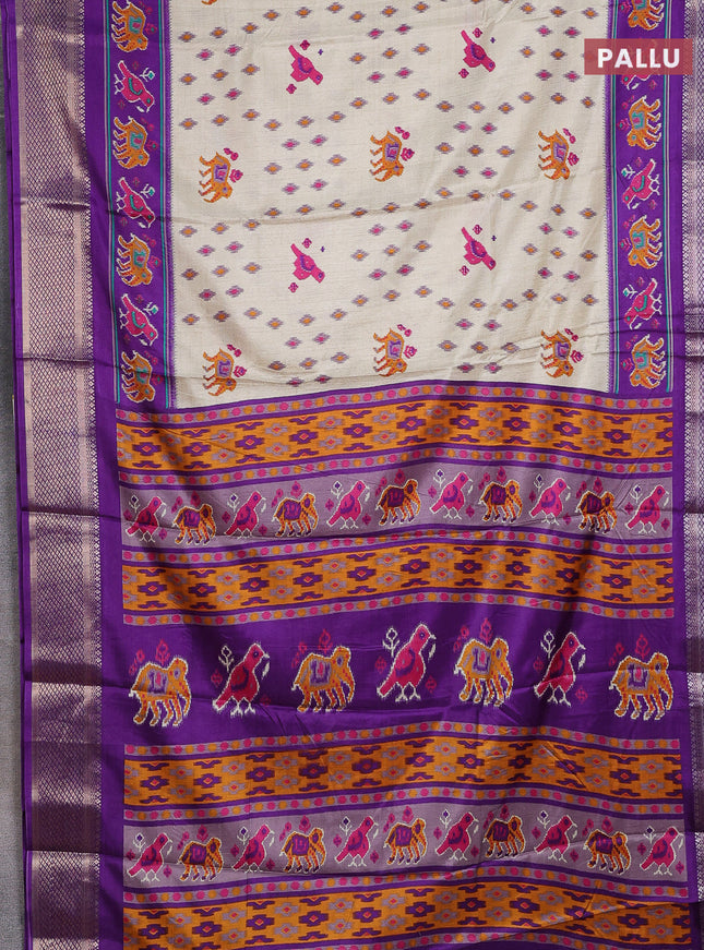 Semi dola saree cream and violet with allover patola prints and zari woven border