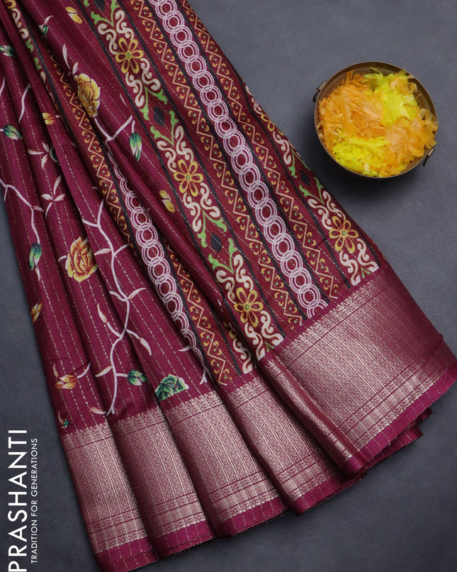 Semi dola saree wine shade with allover prints & zari weaves and zari woven border