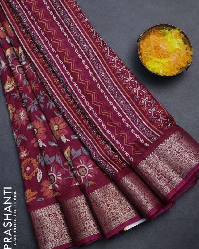 Semi dola saree wine shade with allover floral prints and zari woven border