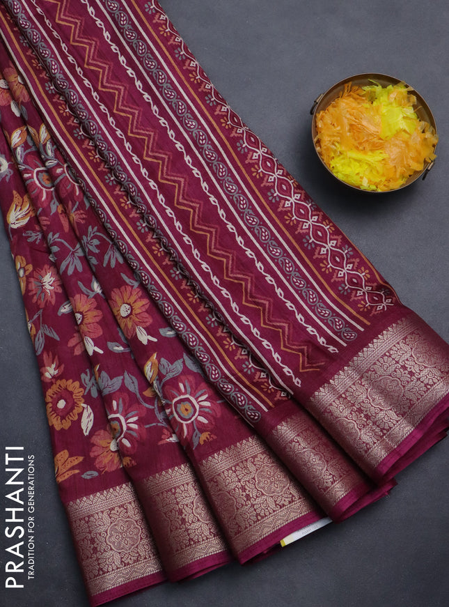 Semi dola saree wine shade with allover floral prints and zari woven border