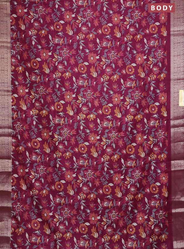 Semi dola saree wine shade with allover floral prints and zari woven border