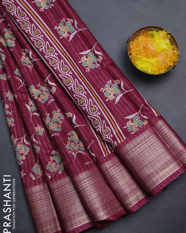 Semi dola saree wine shade with allover floral butta prints & zari weaves and zari woven border