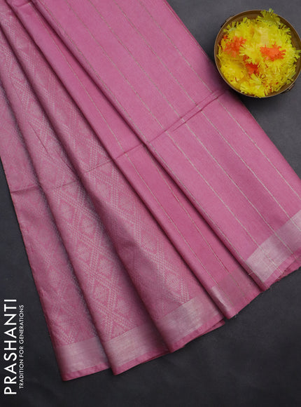 Semi munga jacquard saree light pink with allover silver zari weaves and zari woven border