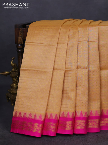 Kuppadam silk cotton saree sandal and pink with allover zari checks & buttas and temple design zari woven border