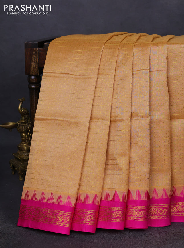 Kuppadam silk cotton saree sandal and pink with allover zari checks & buttas and temple design zari woven border