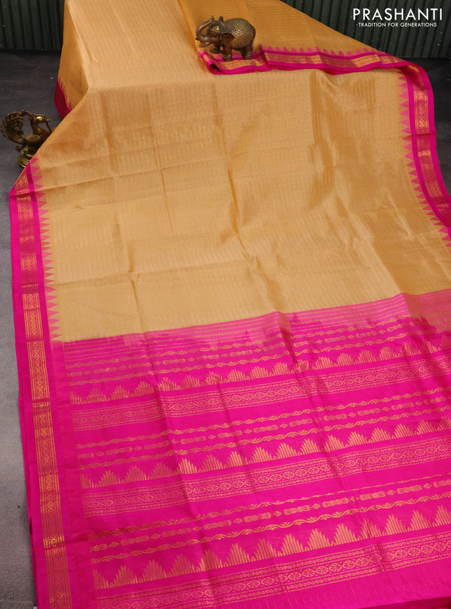 Kuppadam silk cotton saree sandal and pink with allover zari checks & buttas and temple design zari woven border