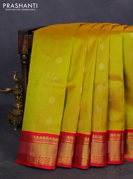 Kuppadam silk cotton saree dual shade of yellowish green and pink with rudhraksha zari woven buttas and zari woven border