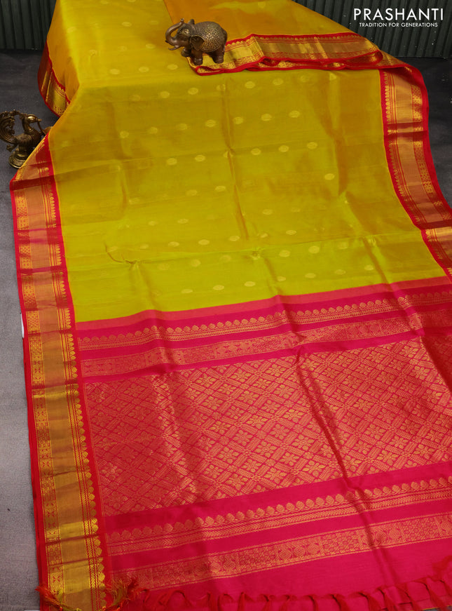 Kuppadam silk cotton saree dual shade of yellowish green and pink with rudhraksha zari woven buttas and zari woven border