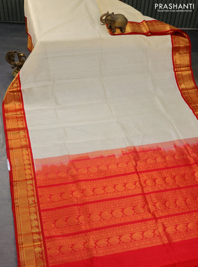 Kuppadam silk cotton saree cream and red with plain body and paisley zari woven border