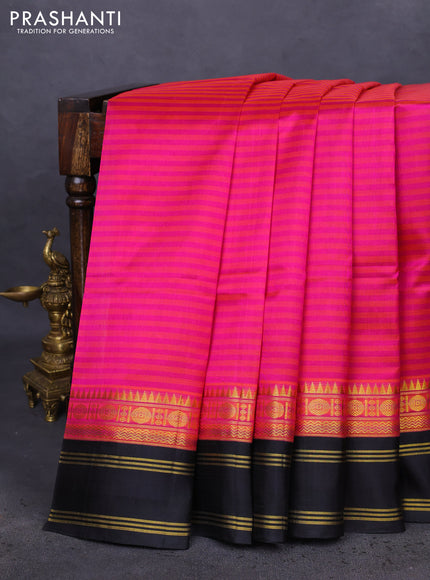 Kuppadam silk cotton saree pink and black with allover stripes pattern and rettapet zari woven border