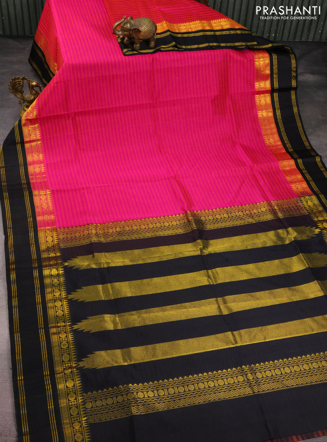 Kuppadam silk cotton saree pink and black with allover stripes pattern and rettapet zari woven border