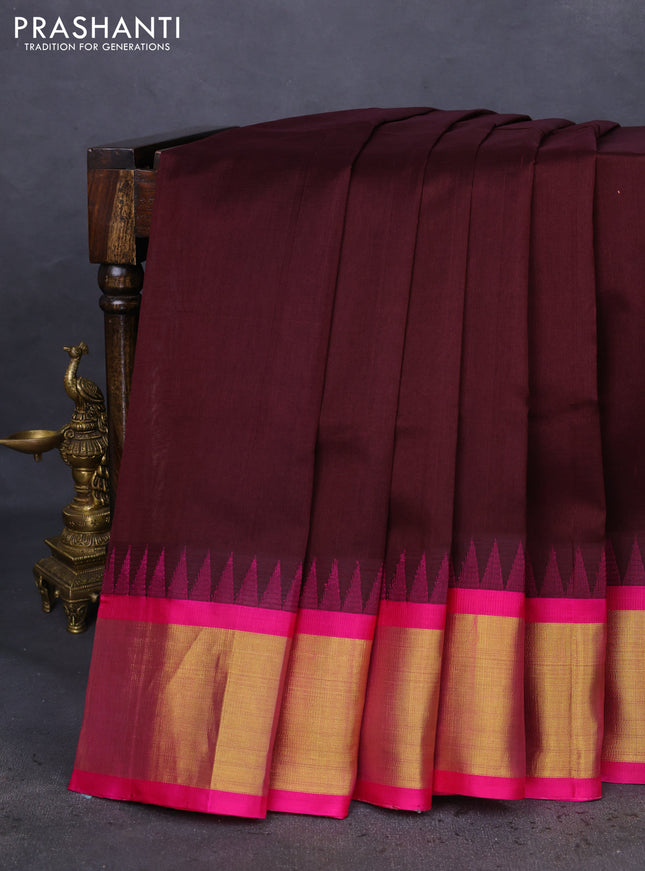 Kuppadam silk cotton saree deep maroon and pink with plain body and temple design zari woven border
