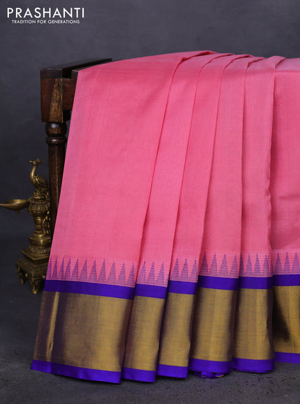 Kuppadam silk cotton saree pastel pink and blue with plain body and temple design zari woven border