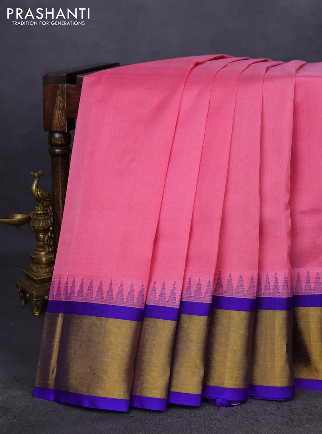 Kuppadam silk cotton saree pastel pink and blue with plain body and temple design zari woven border