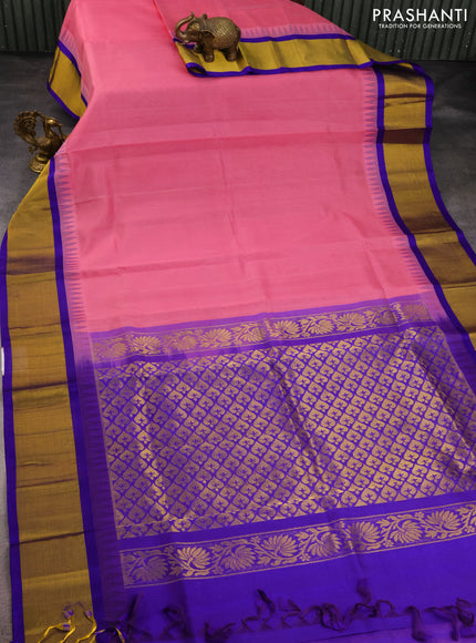 Kuppadam silk cotton saree pastel pink and blue with plain body and temple design zari woven border