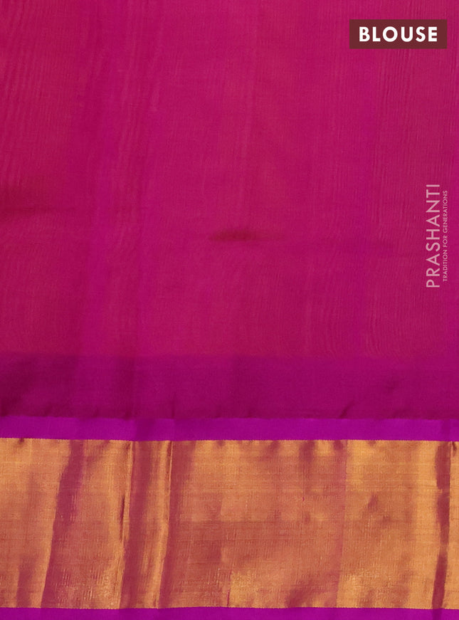 Kuppadam silk cotton saree mango yellow and purple with plain body and temple design zari woven border