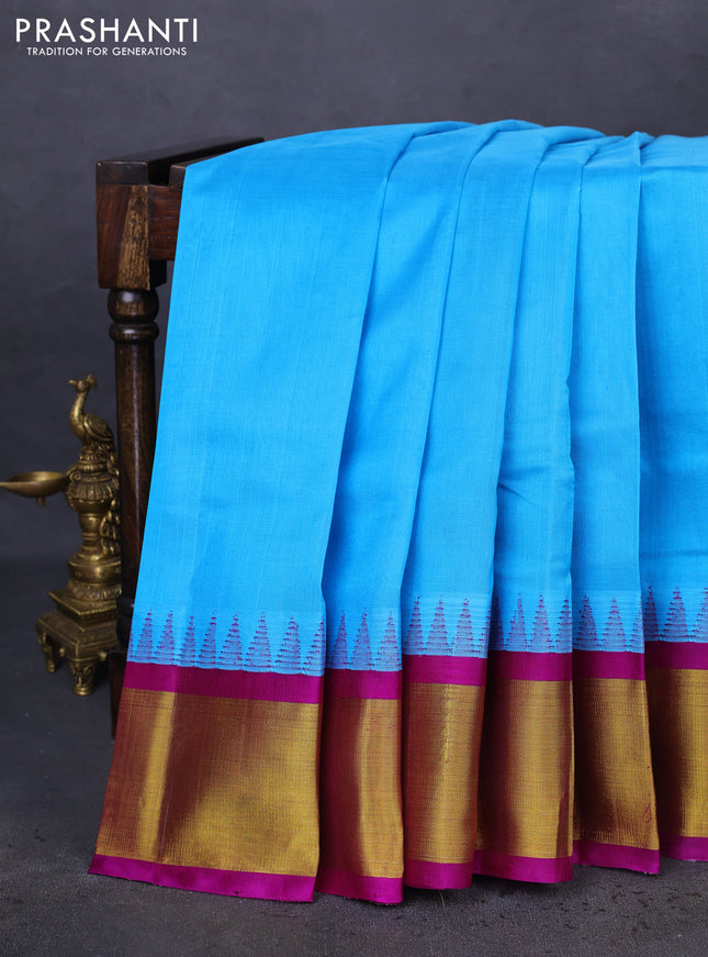 Kuppadam silk cotton saree cs blue and purple with plain body and temple design zari woven border