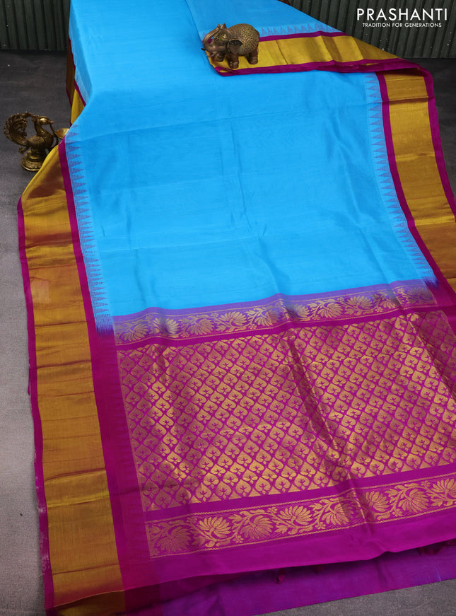 Kuppadam silk cotton saree cs blue and purple with plain body and temple design zari woven border
