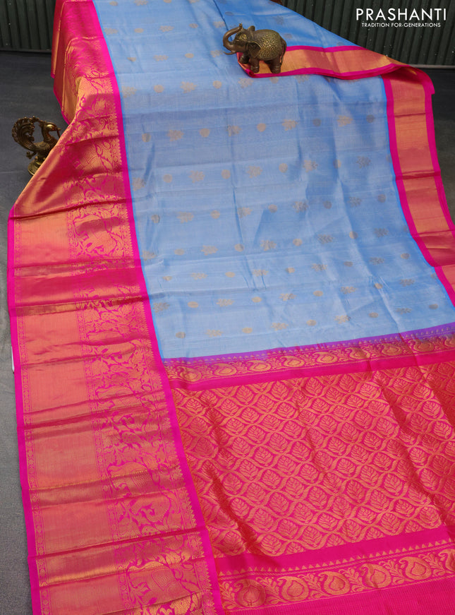 Kuppadam silk cotton saree light blue and pink with allover zari weaves & buttas and long zari woven border
