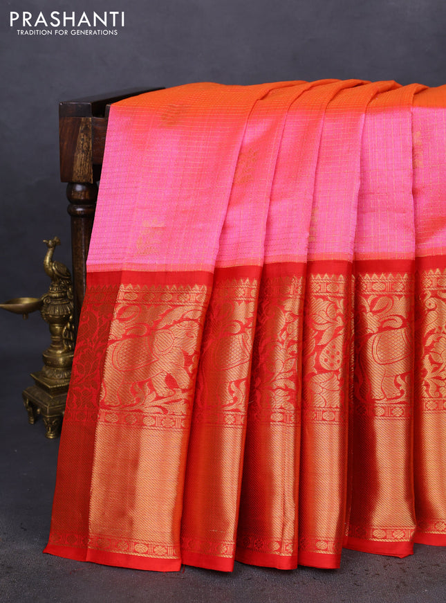 Kuppadam silk cotton saree candy pink and red with allover zari checked pattern and long zari woven border