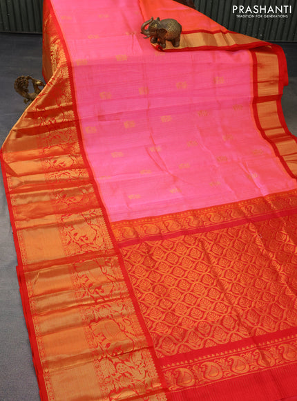 Kuppadam silk cotton saree candy pink and red with allover zari checked pattern and long zari woven border