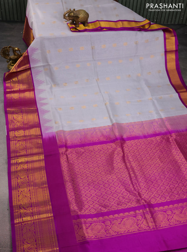 Kuppadam silk cotton saree pastel grey and purple with zari woven buttas and temple design zari woven border