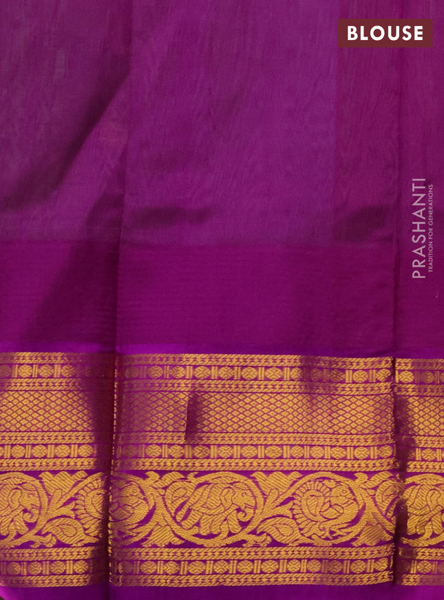 Kuppadam silk cotton saree light green and purple with zari woven buttas and temple design zari woven border