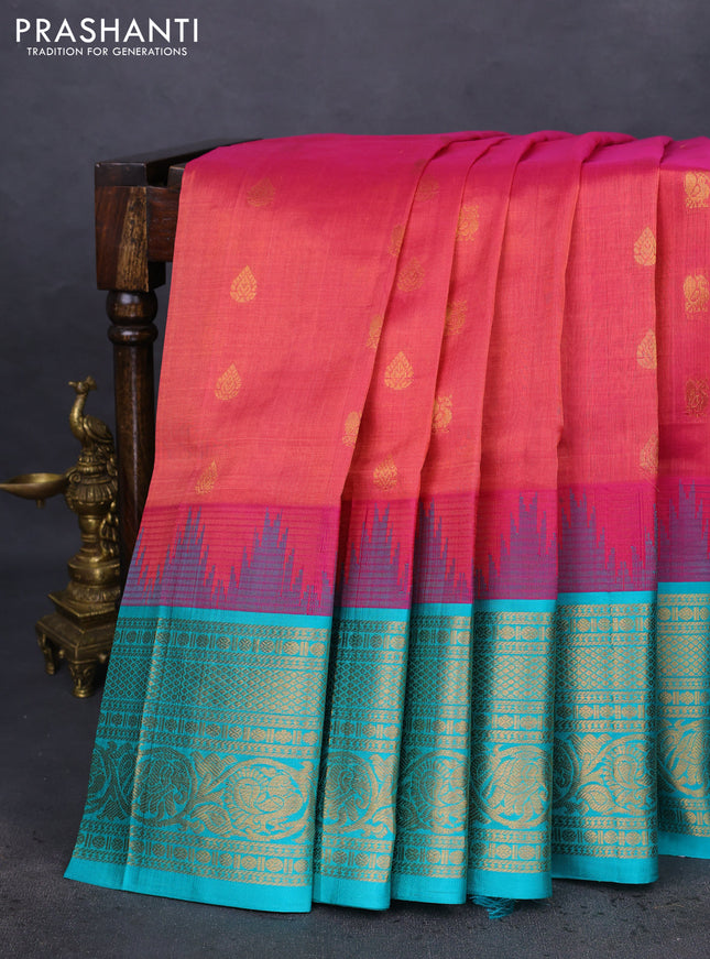 Kuppadam silk cotton saree pink shade and teal blue with zari woven buttas and temple design zari woven border