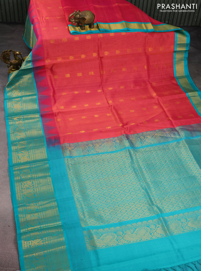 Kuppadam silk cotton saree pink shade and teal blue with zari woven buttas and temple design zari woven border