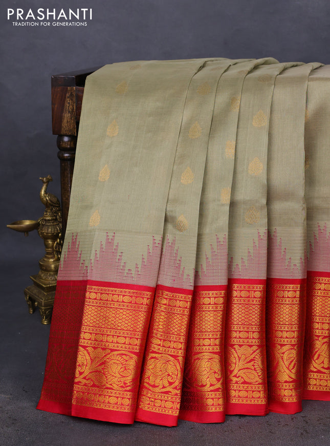Kuppadam silk cotton saree beige and reddish pink with zari woven buttas and temple design zari woven border