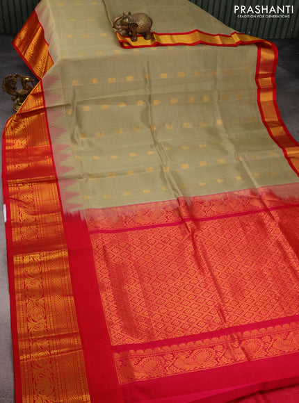 Kuppadam silk cotton saree beige and reddish pink with zari woven buttas and temple design zari woven border