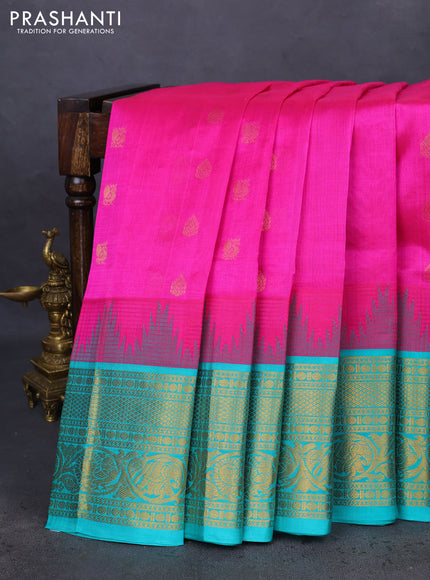 Kuppadam silk cotton saree pink and teal blue with zari woven buttas and temple design zari woven border